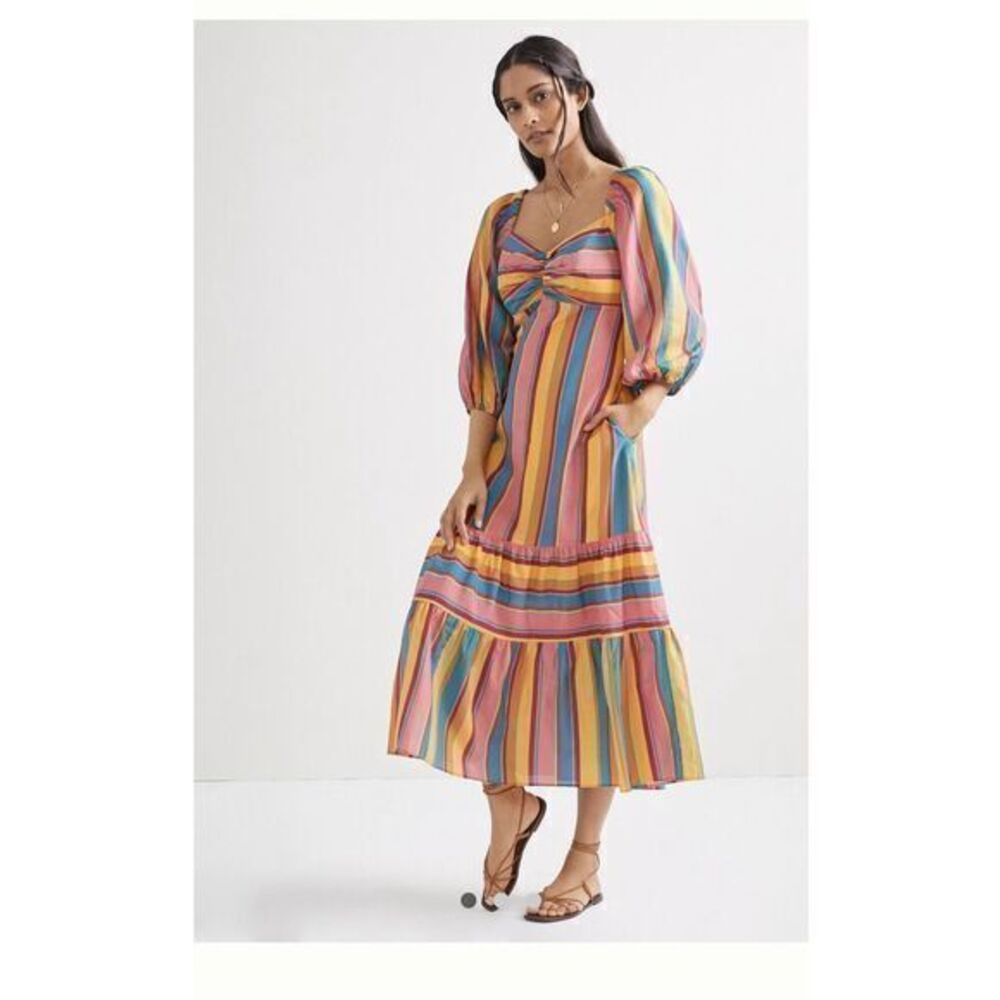 FARM RIO Anthropologie Rainbow Striped Midi Dress SMALL